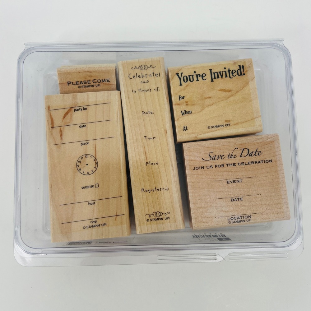 Stampin Up Invitation Rubber Stamp Set 5pc Tan Wood Mounted DIY Party Stationery